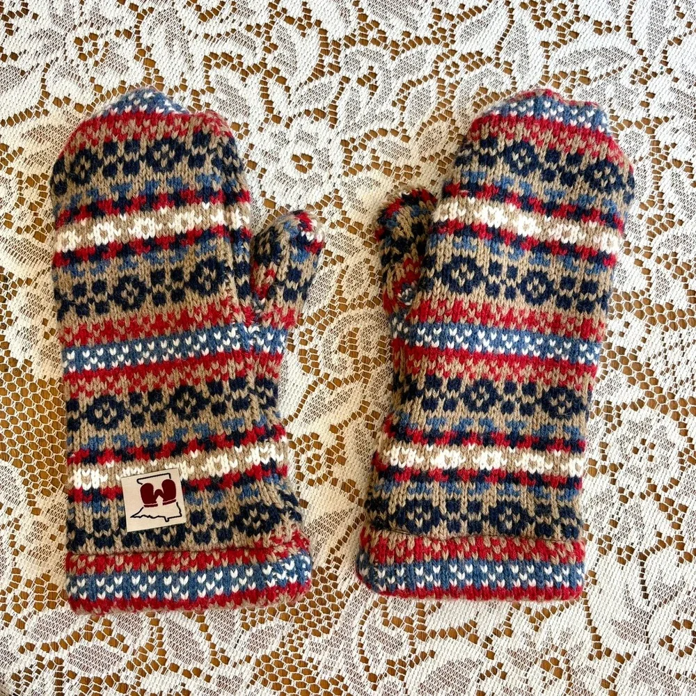 Minnesota Mittens Fair Isle Wool Blend Fleece Lined Knit Mittens Medium USA Made